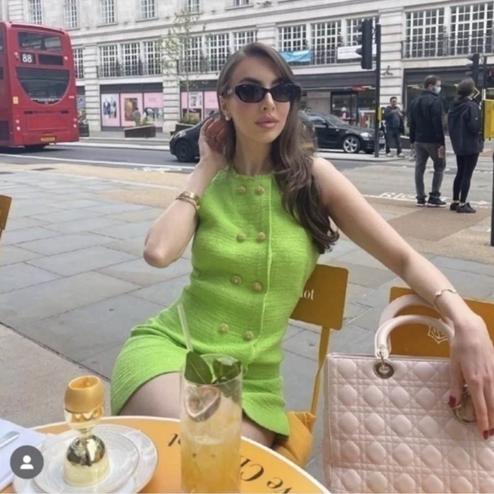 Zara Neon Lime Double-Breasted Sleeveless Mini Dress & Cropped Jacket SET